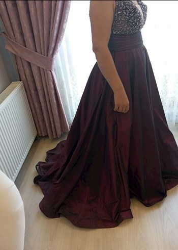 Bordo V Yakalı Uzun Abiye Elbise - Görsel 5