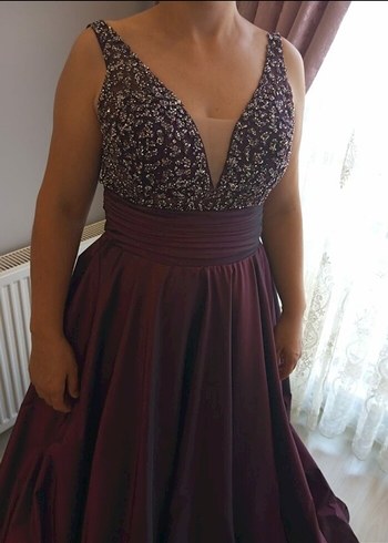 Bordo V Yakalı Uzun Abiye Elbise - Görsel 2