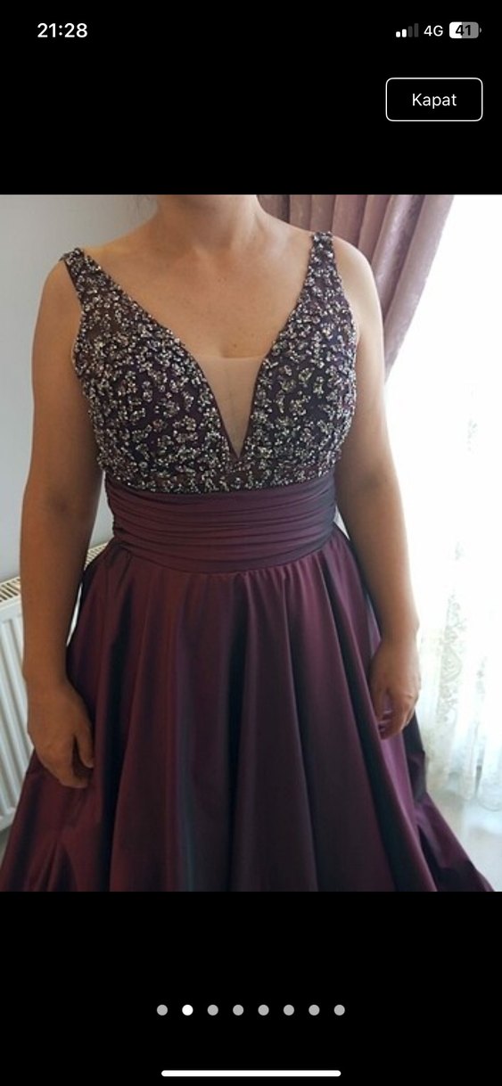 Bordo V Yakalı Uzun Abiye Elbise - Görsel 4