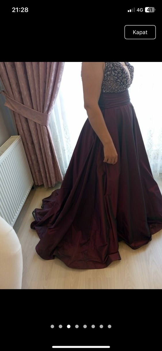 Bordo V Yakalı Uzun Abiye Elbise - Görsel 5