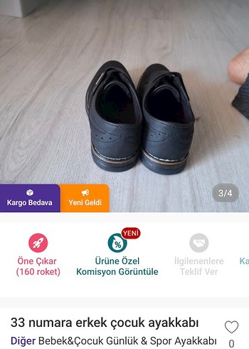 33 Beden Erkek Çocuk Siyah Cırtlı Ayakkabı