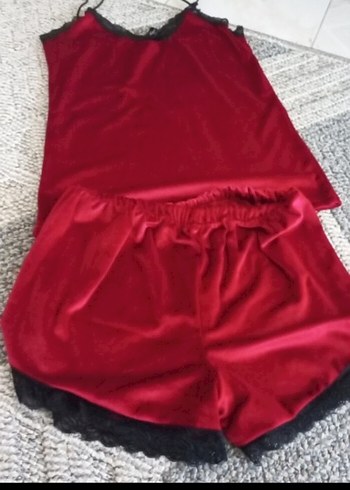 xl Beden Bordo Nakışlı İp Askılı Mini Pijama Takımı