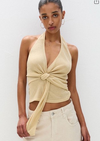 Bej Drapeli Halter Yaka Keten Crop Top