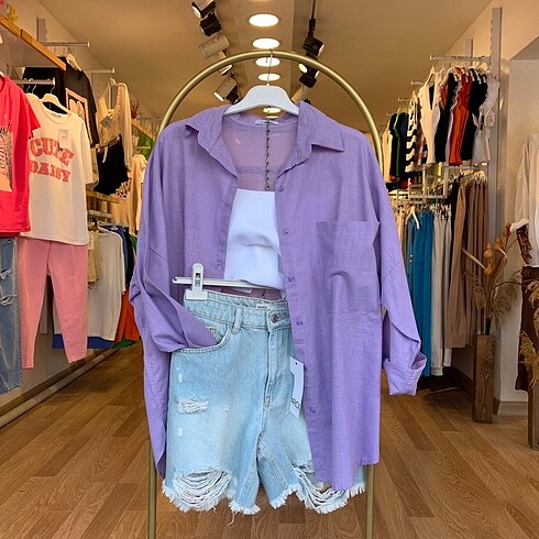 Lila Oversize Keten Gömlek