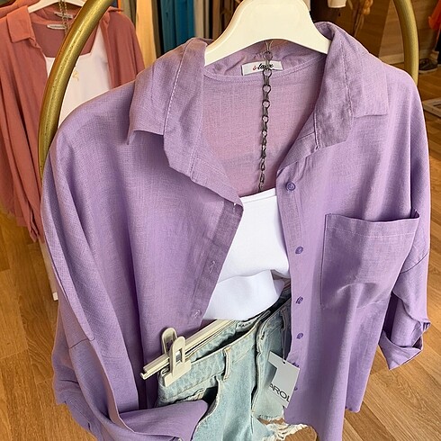 Diğer Lila Oversize Keten Gömlek