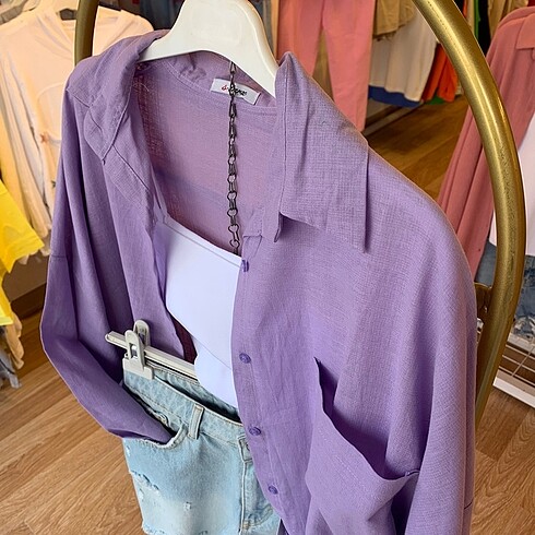 universal Beden Lila Oversize Keten Gömlek
