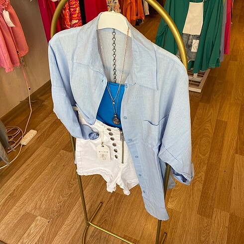 Diğer Bebe Mavi Oversize Keten Gömlek