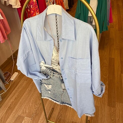 universal Beden mavi Renk Bebe Mavi Oversize Keten Gömlek