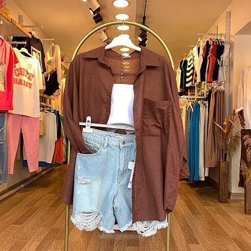 Kahve Oversize Keten Gömlek