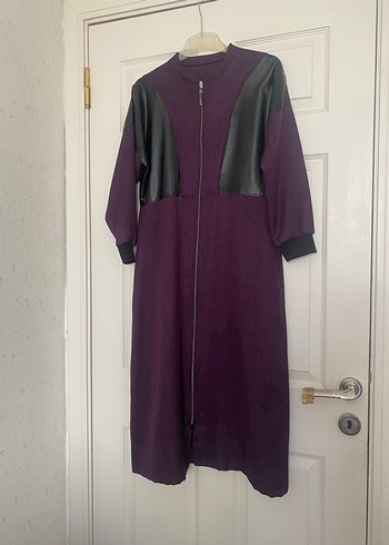 Mor Deri Detaylı Uzun Ofis Elbisesi - Görsel 2