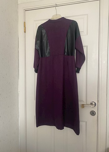 Mor Deri Detaylı Uzun Ofis Elbisesi - Görsel 5