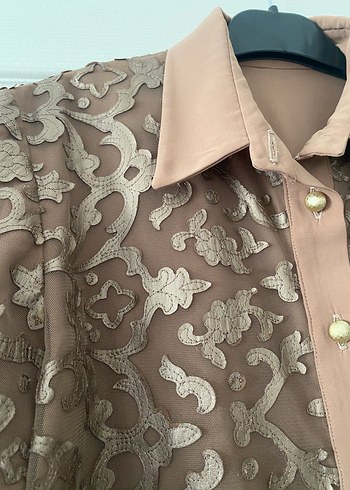 Lazer kesim deri Bej Kadın Gömlek - Görsel 3