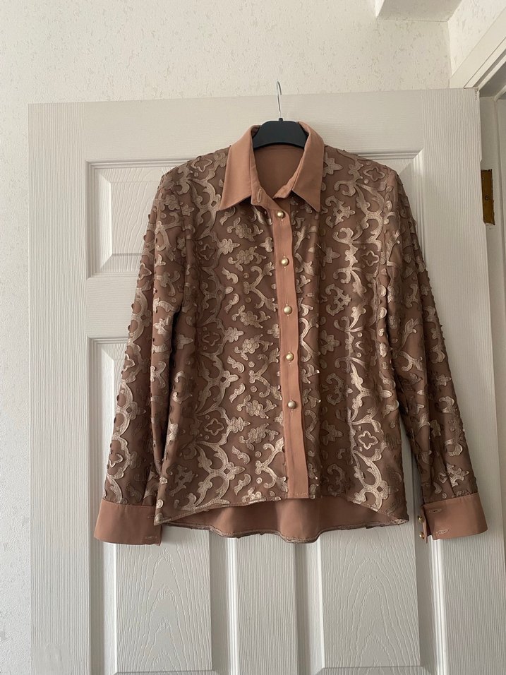 Lazer kesim deri Bej Kadın Gömlek - Görsel 2