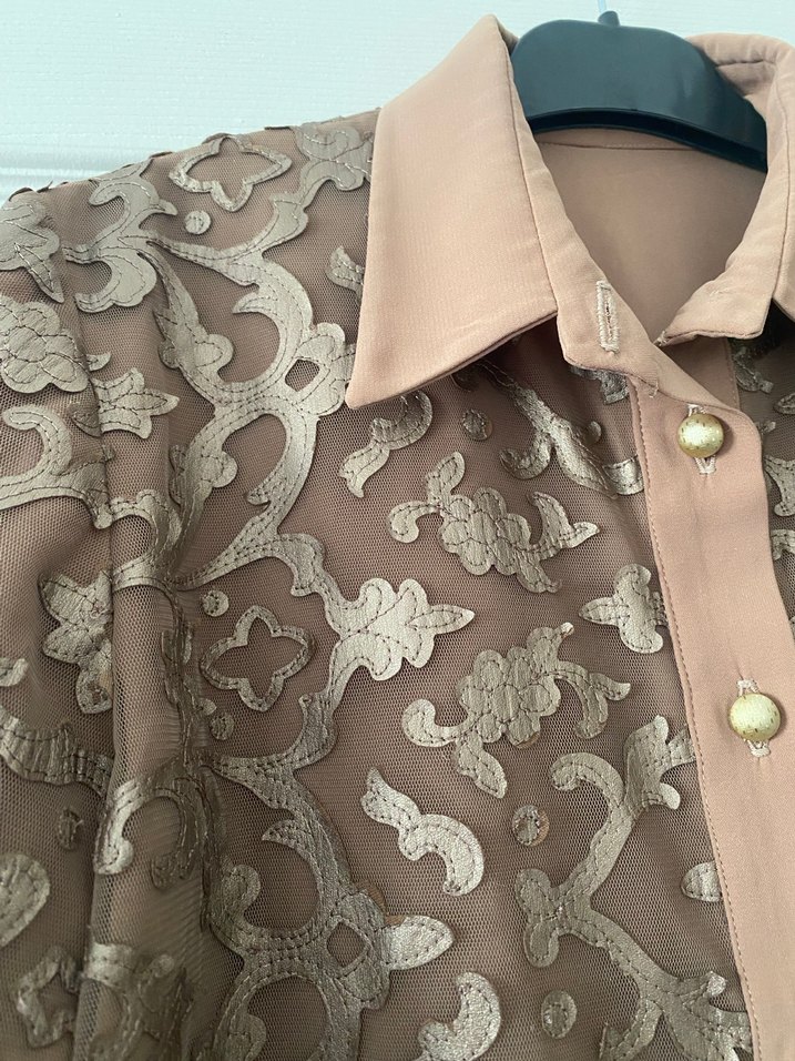 Lazer kesim deri Bej Kadın Gömlek - Görsel 3