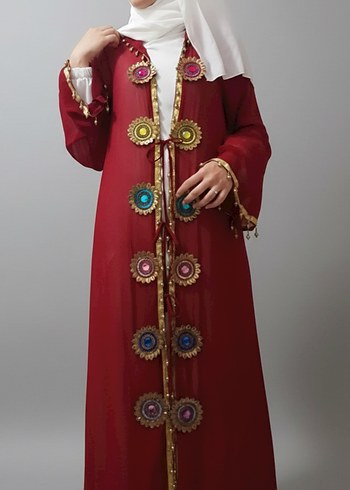 Boncuk Detaylı Kırmızı Tesettür Hint Elbisesi - Görsel 2