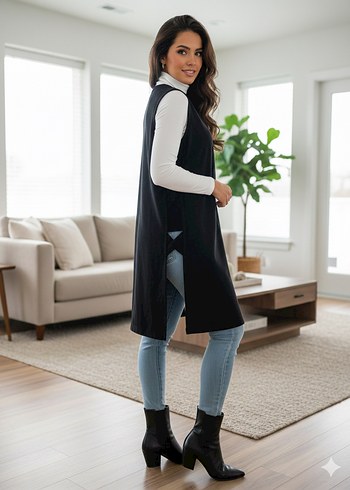 Siyah Uzun Kürklü Kolsuz Kadın yelek - Görsel 2