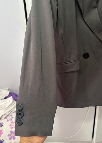 m Beden Gri Düğmeli Kadın Midi Blazer Ceket