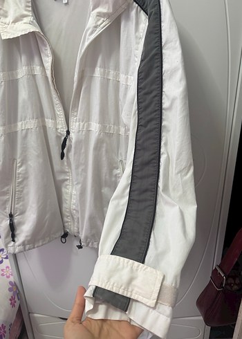 Gri Detaylı Beyaz Kadın Fermuarlı hırka ceket - Görsel 8