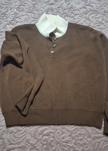 Kahverengi Yaka Detaylı Kadın Triko Kazak - Görsel 2