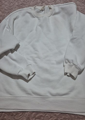 Beyaz Kadın Sweatshirt, Bisiklet Yaka, Salaş - Görsel 2