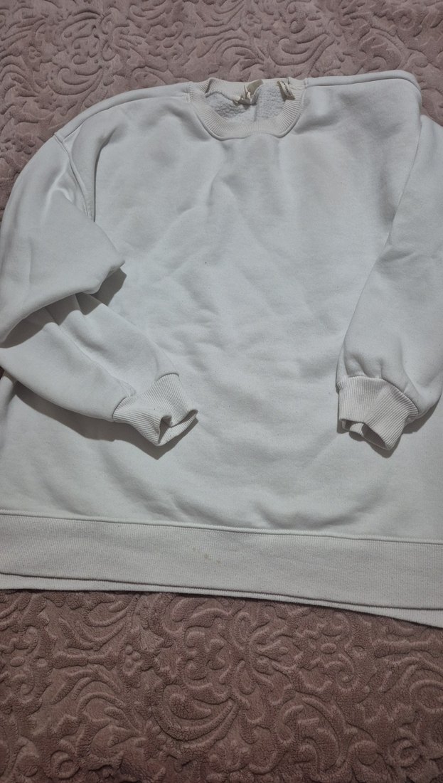 Beyaz Kadın Sweatshirt, Bisiklet Yaka, Salaş - Görsel 3