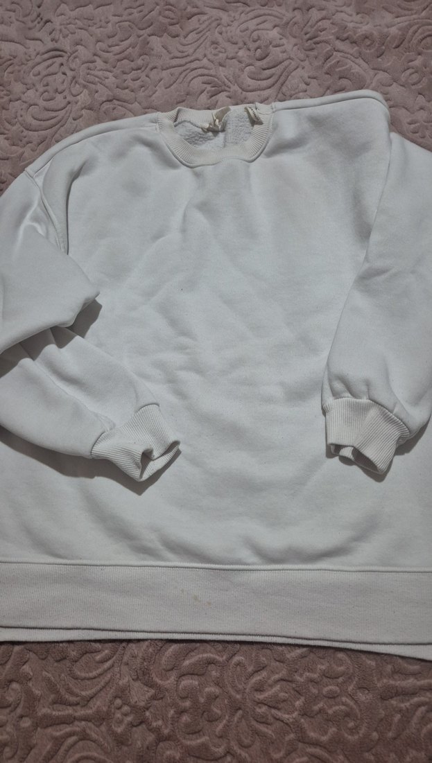 Beyaz Kadın Sweatshirt, Bisiklet Yaka, Salaş - Görsel 2