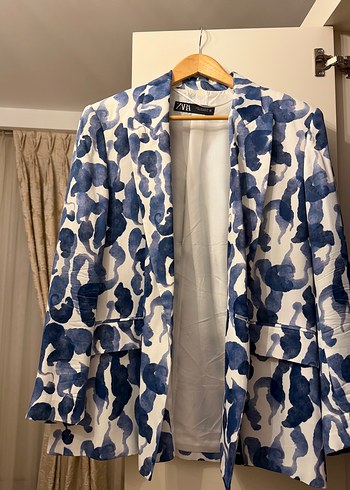 Zara Mavi Beyaz Soyut Desenli Blazer Ceket