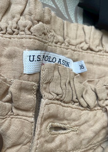 Bej Keten Kemerli Mini Şort - Görsel 3