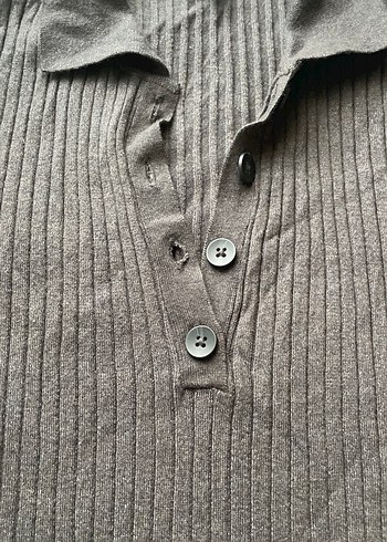 Düğmeli Gri Kadın Keten Kazak - Görsel 2