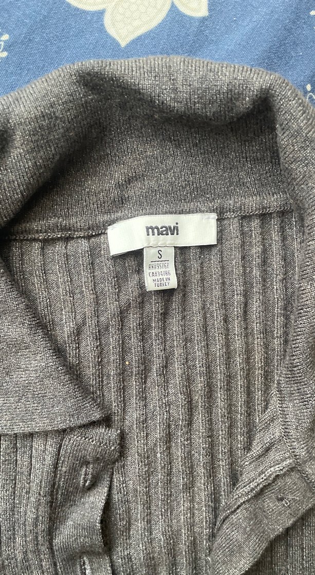 Düğmeli Gri Kadın Keten Kazak - Görsel 3