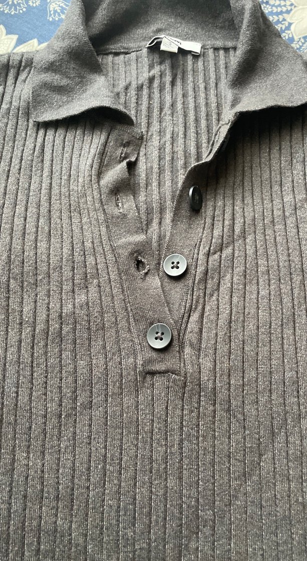 Düğmeli Gri Kadın Keten Kazak - Görsel 2