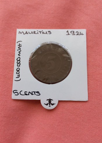 1924 Mauritius 5 Sent Antika Madeni Para