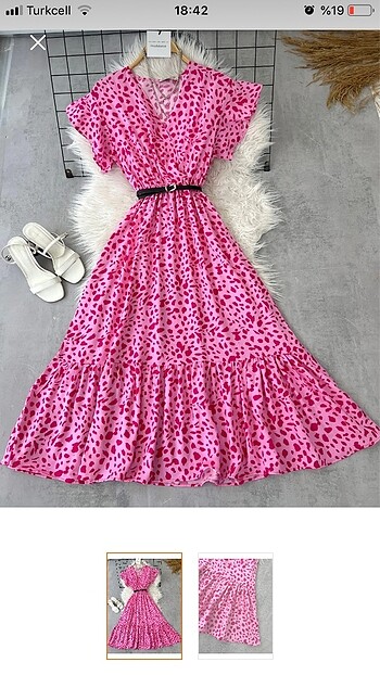 Leopar Kruvaze Yaka Viskon Elbise-Pembe
