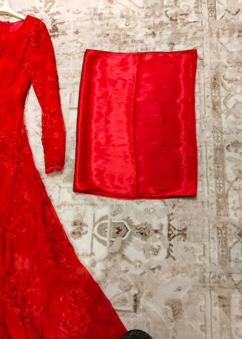 Kırmızı Dantel İşlemeli Uzun Abiye Elbise - Görsel 11