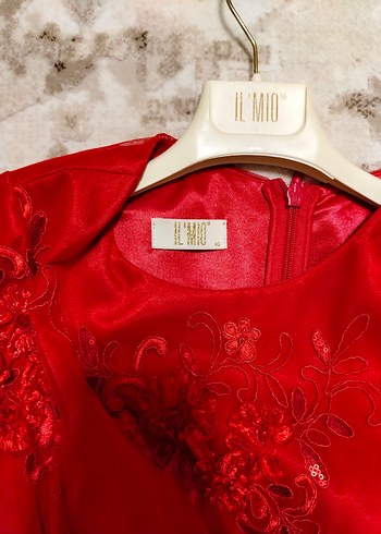 Kırmızı Dantel İşlemeli Uzun Abiye Elbise - Görsel 13