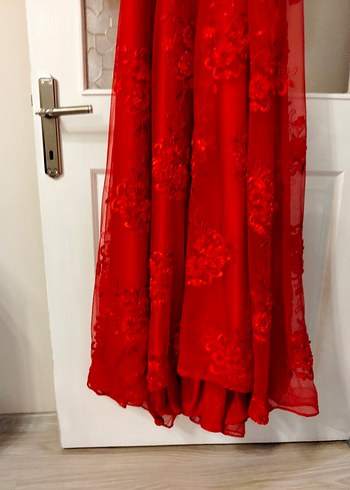 Kırmızı Dantel İşlemeli Uzun Abiye Elbise - Görsel 10