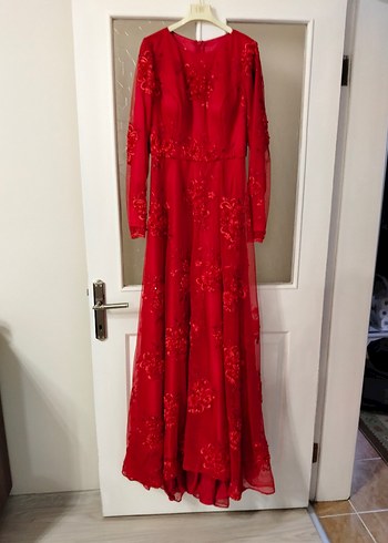 Kırmızı Dantel İşlemeli Uzun Abiye Elbise - Görsel 6