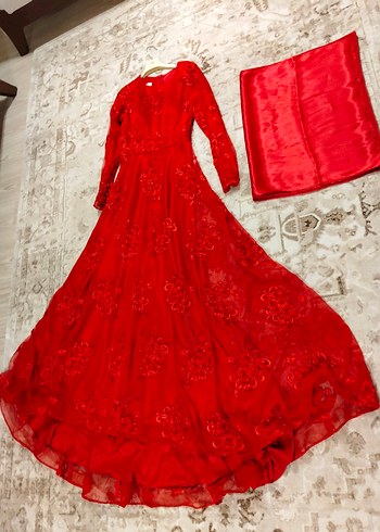 Kırmızı Dantel İşlemeli Uzun Abiye Elbise - Görsel 12