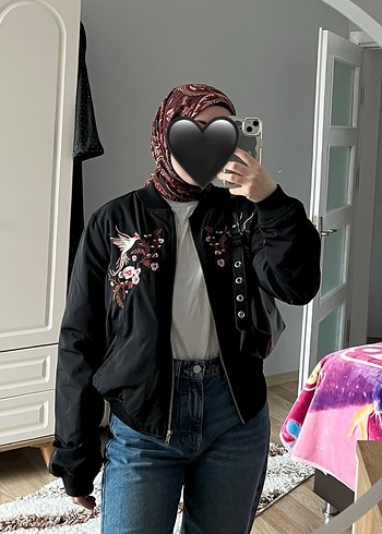 Nakışlı Siyah Kadın bomber Ceket
