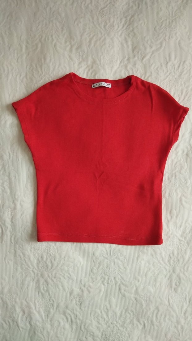 Kırmızı Bisiklet Yaka Crop Tişört - Görsel 2