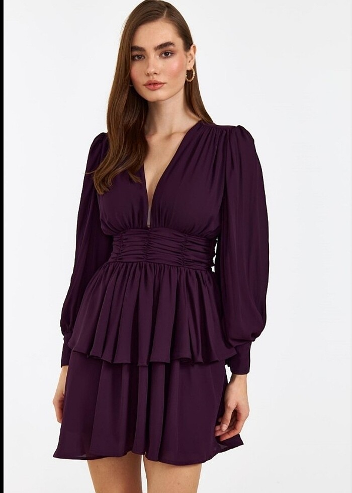 V yaka mor elbise - Görsel 2