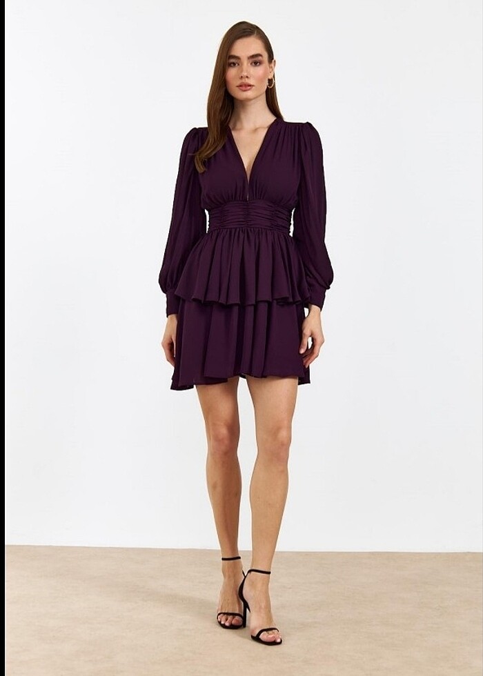 V yaka mor elbise - Görsel 4