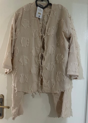 Bej Kadın Keten Bohem Uzun Kimono
