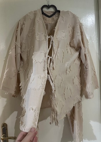 Bej Kadın Keten Bohem Uzun Kimono - Görsel 3