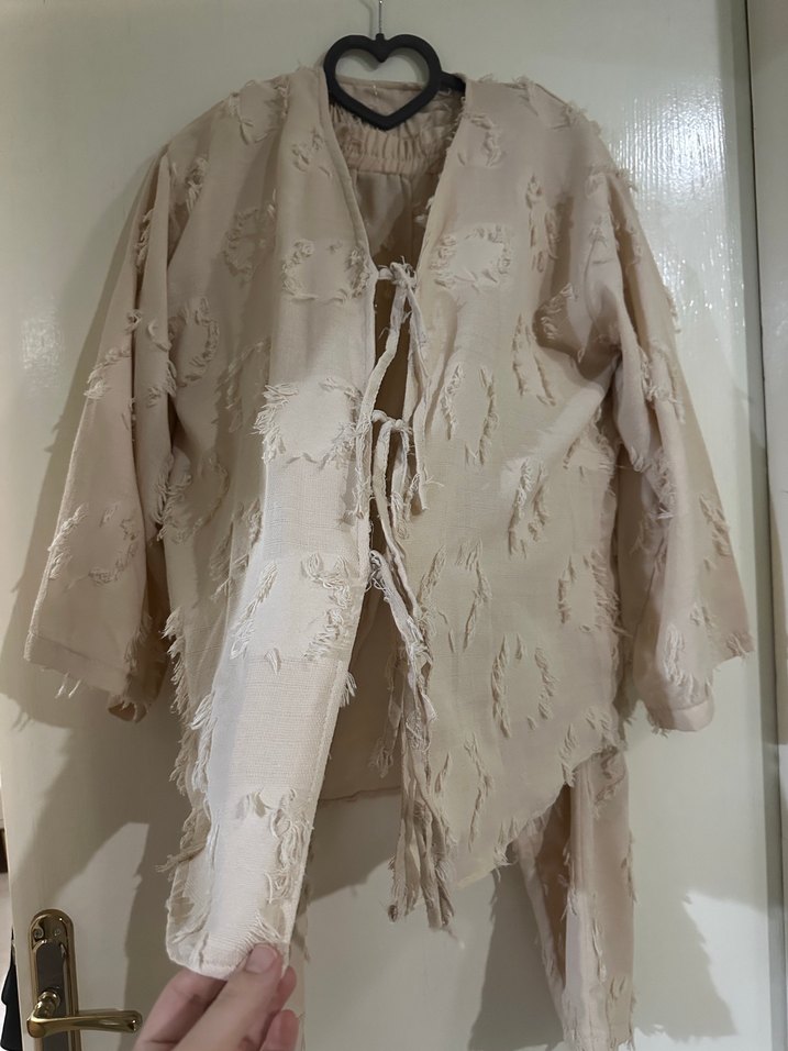 Bej Kadın Keten Bohem Uzun Kimono - Görsel 3