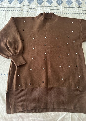 Kahverengi Boğazlı taşlı triko takım - Görsel 3