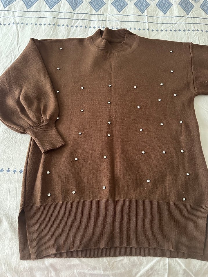 Kahverengi Boğazlı taşlı triko takım - Görsel 3