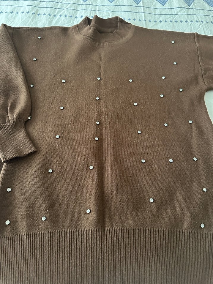 Kahverengi Boğazlı taşlı triko takım - Görsel 2