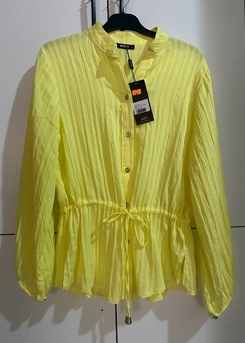 Düğmeli Sarı Uzun Kollu Keten Gömlek - Görsel 3