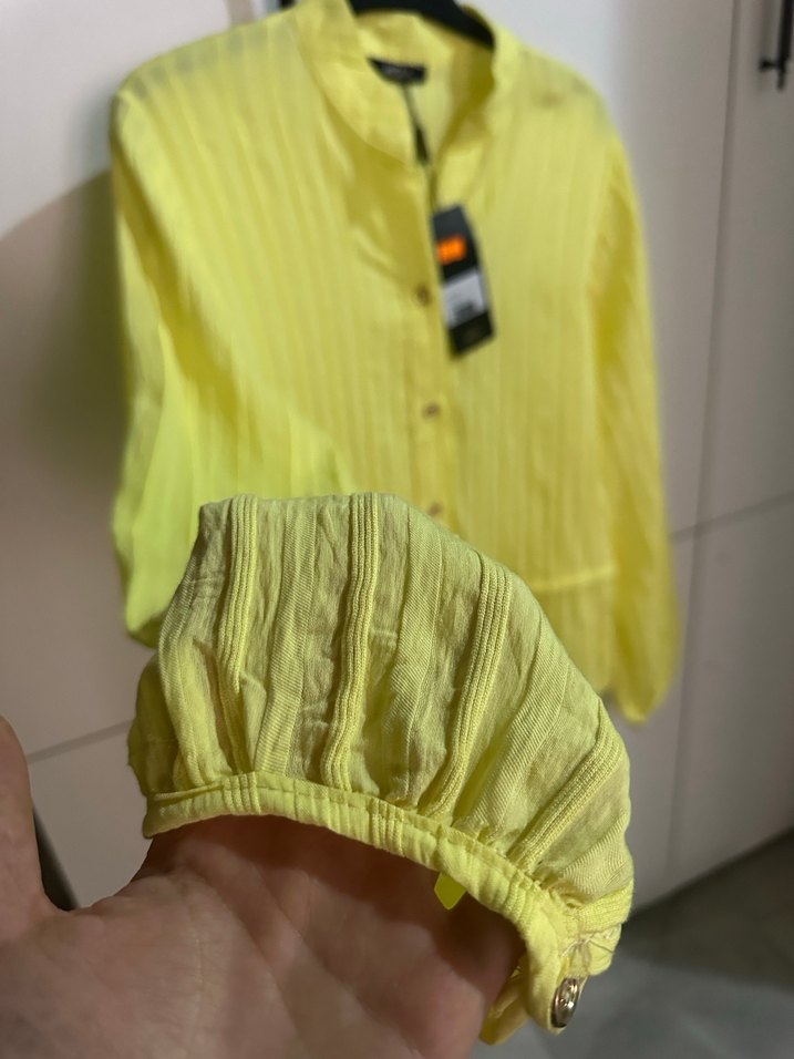 Düğmeli Sarı Uzun Kollu Keten Gömlek - Görsel 4